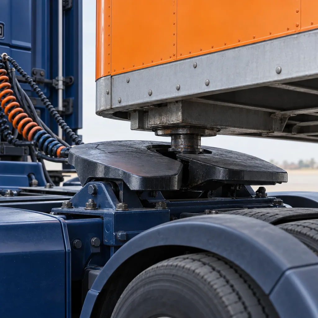 Illustrated tractor-trailer coupling scene representing the Combination Vehicles CDL endorsement