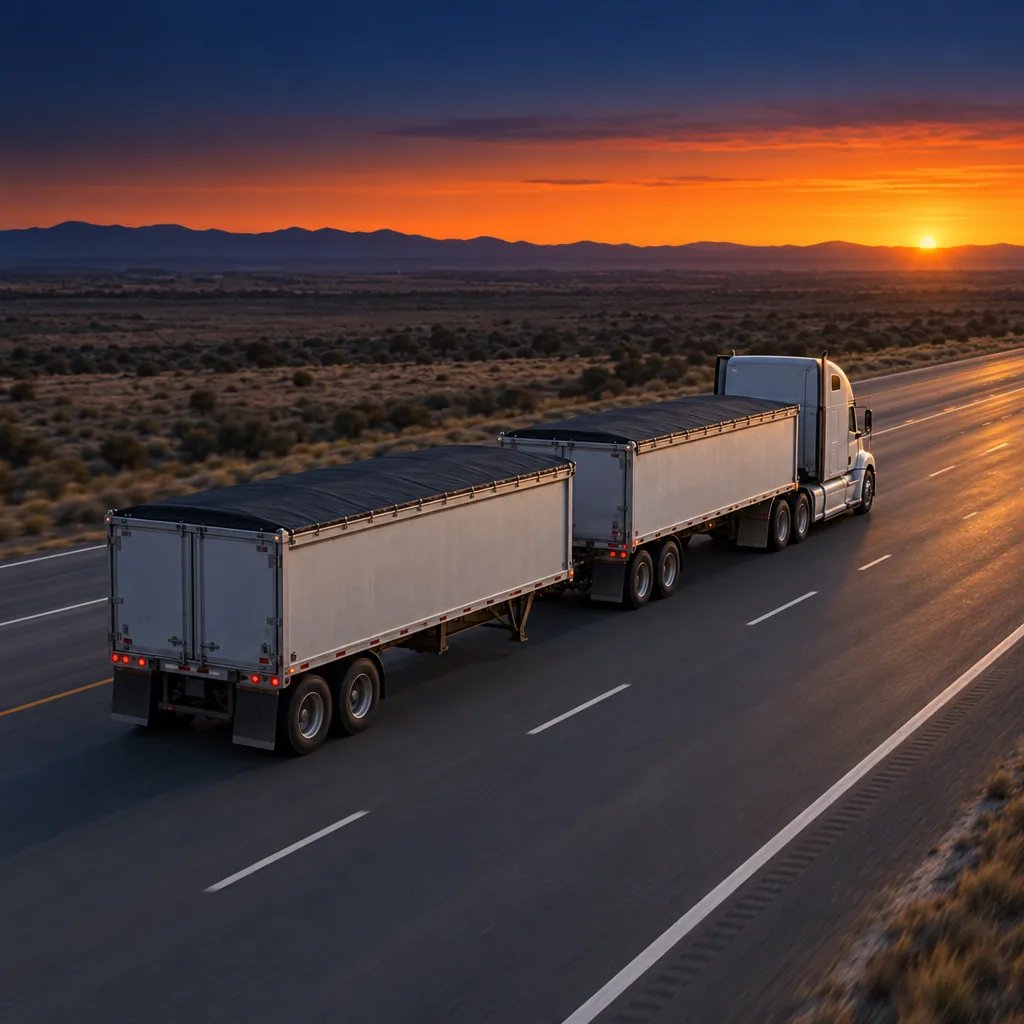 Illustrated double-trailer truck scene representing the Doubles/Triples CDL endorsement