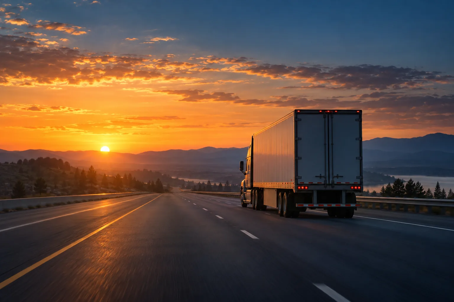 Illustrated open highway stretching toward the horizon at sunrise