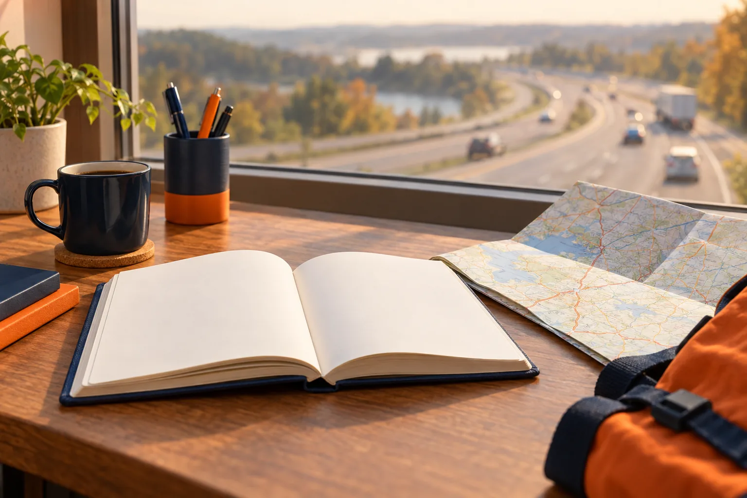 Illustrated open guidebook with a highway backdrop