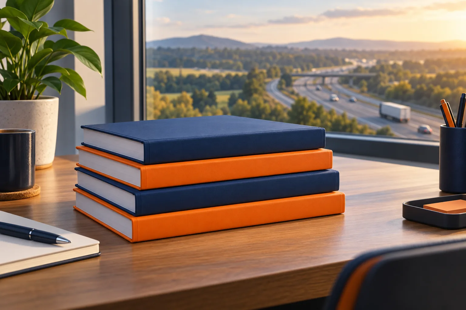 Illustrated stack of official handbooks with a highway backdrop